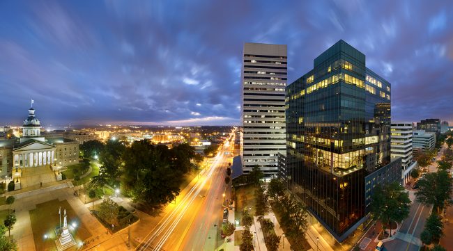 Main Street, Columbia South Carolina with the Statehouse.